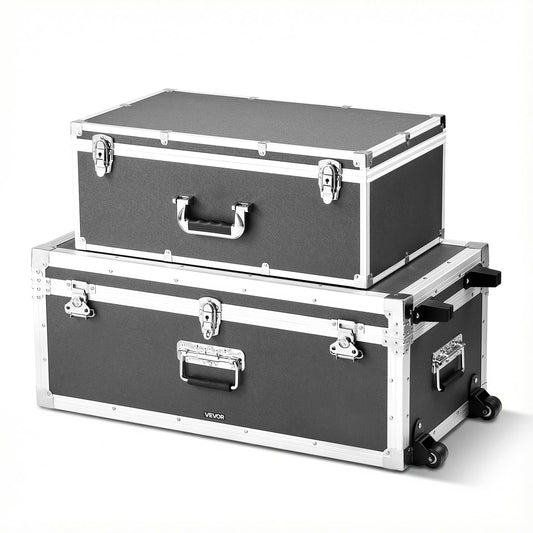 VEVOR Storage Trunk, Set of 2, Wooden Suitcase Storage Boxes with Padlocks, Large Trunk Includes Casters and 3 Metal Handles, Decorative Store Chest with Lids for Travel, Apartment, Dorm, Gray