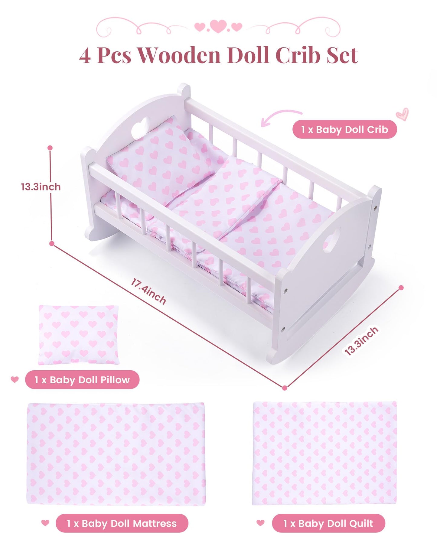 BABESIDE Wooden Baby Doll Crib for 12-16 Inch Dolls, Doll Bed with Pink Heart Bedding, Doll Furniture Baby Doll Accessories for Pretend Play, Gift for Girls Ages 3+