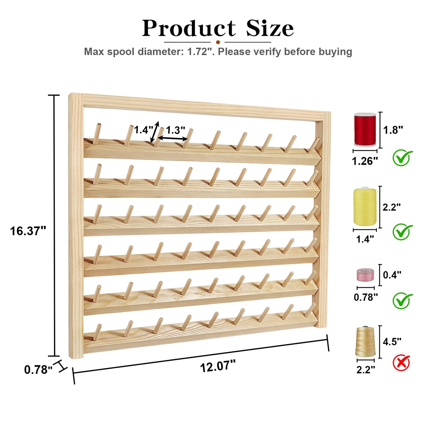 Wettin Premium 54 Spools Wooden Thread Rack – Wall Mounted Sewing Thread Holder Organizer for Craft Room, Embroidery, Hair-braiding & Jewelry Hanging, Includes Hanging Hooks