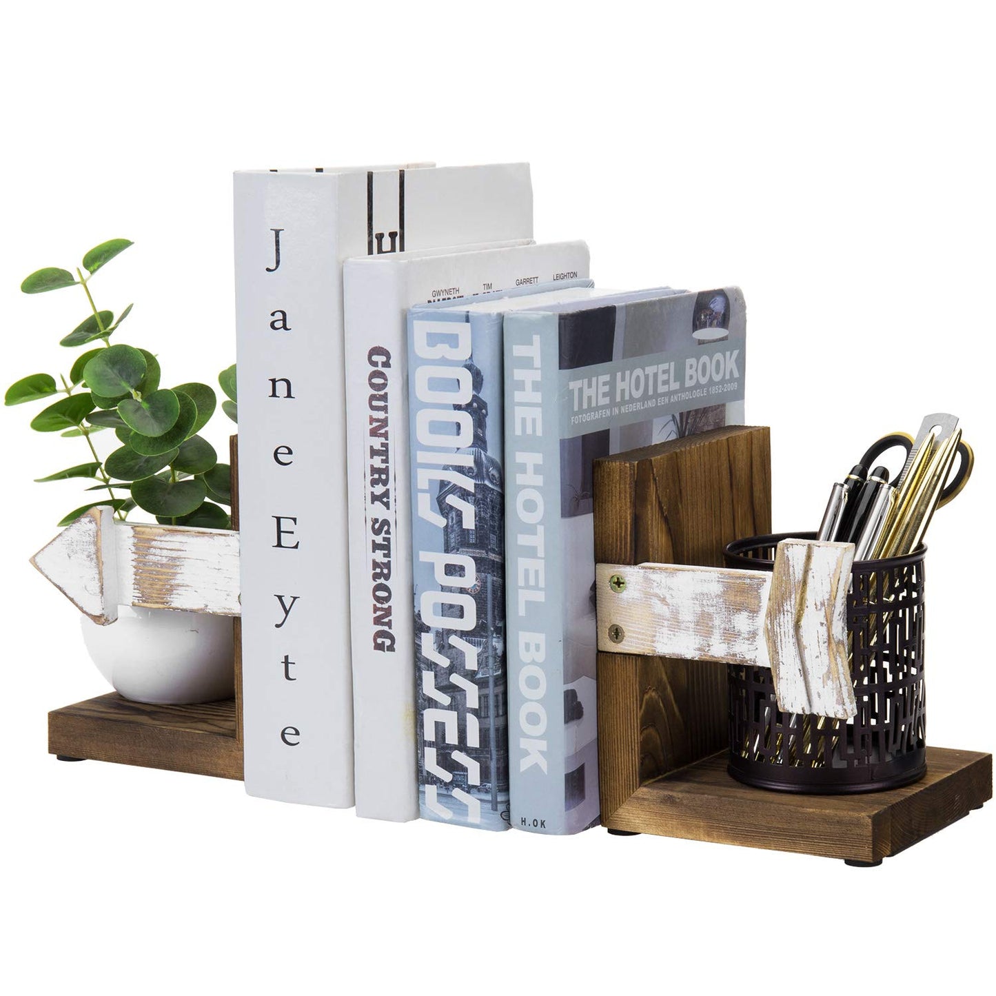 MyGift Farmhouse Bookends, Rustic Book Ends Kitchen, Tabletop Boho Bookend Support Stands, Whitewashed Arrow Design and Burnt Dark Brown Wood
