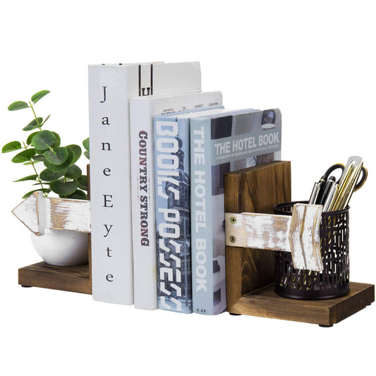 MyGift Farmhouse Bookends, Rustic Book Ends Kitchen, Tabletop Boho Bookend Support Stands, Whitewashed Arrow Design and Burnt Dark Brown Wood
