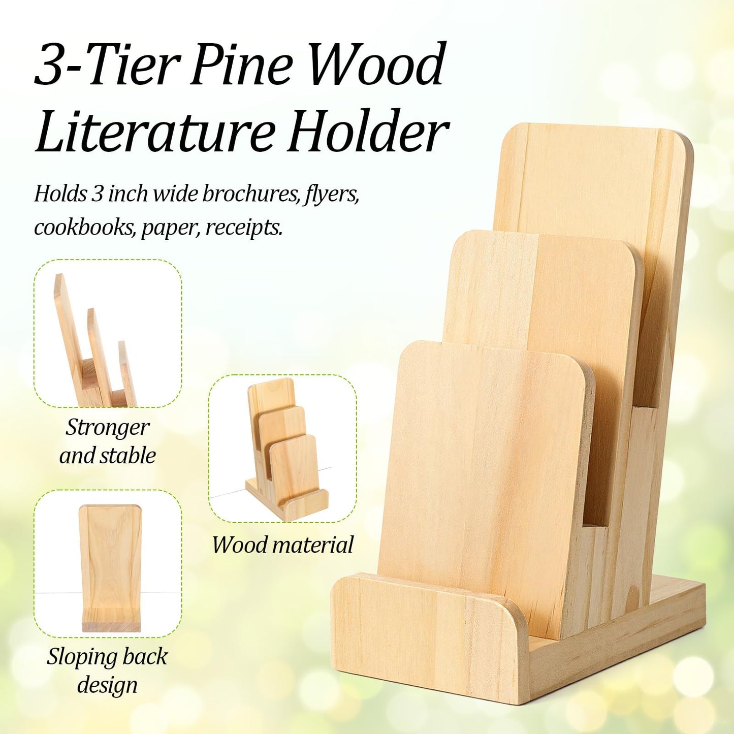 Oqqlin 2 Pcs 3-Tier Pine Wood Pamphlet Display Stand, 3 x 4 x 10 Inch Pine Wood Literature Holder Wooden Trifold Flyer Display Stand for Menu, Magazine, Pamphlet, Booklets
