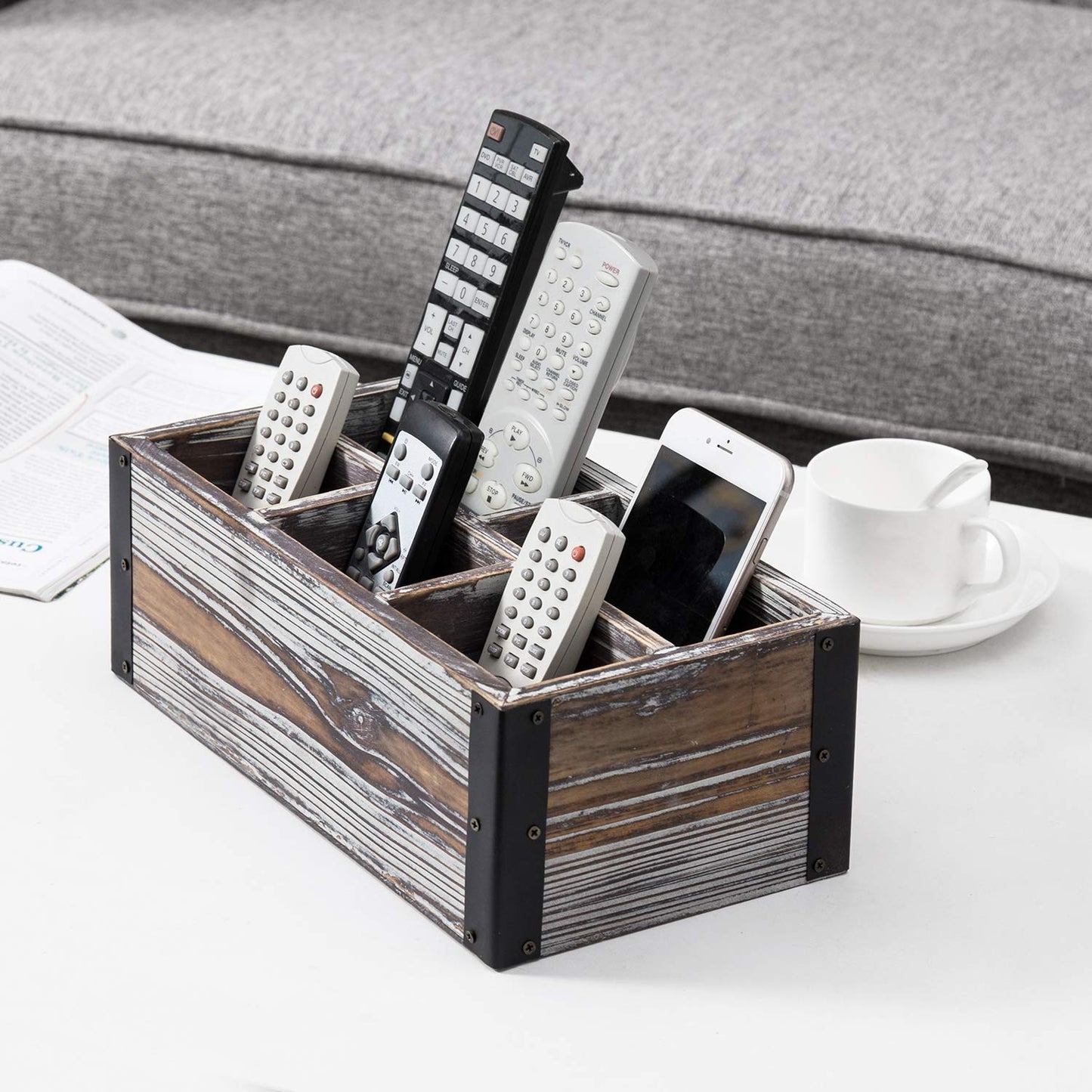 MyGift Remote Control Holder with 5-Compartment, Media Storage Organizer Remote Caddy with Black Metal Corner Wraps, for Table, Desk, Rustic Torched Wood