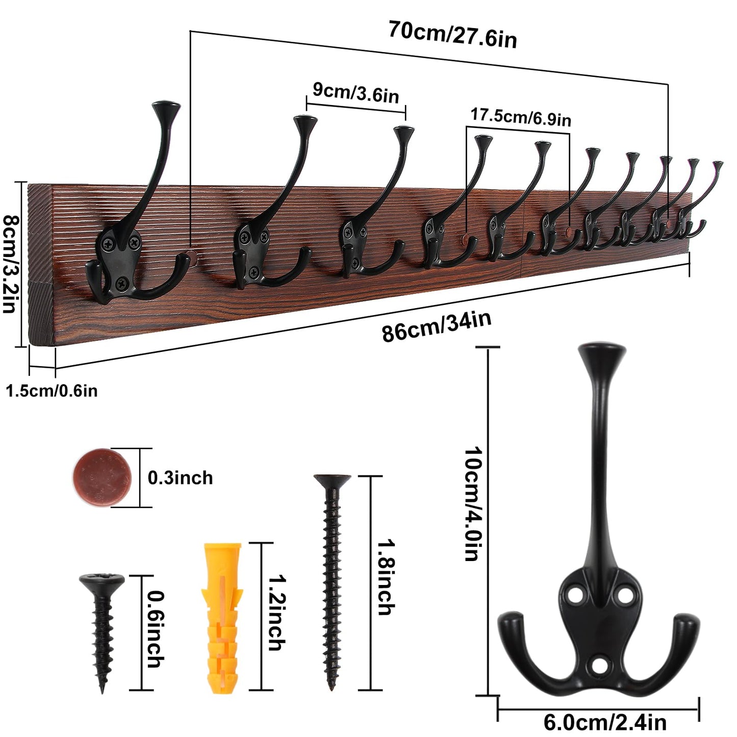IBosins 34'' Coat Rack Wall Mount with 10 Decorative Tri-Hooks, Heavy Duty Wood Coat Hanger, Rustic Coat Hooks Rail for Entryway Living Room Coat Scarf Bag Towel Hat