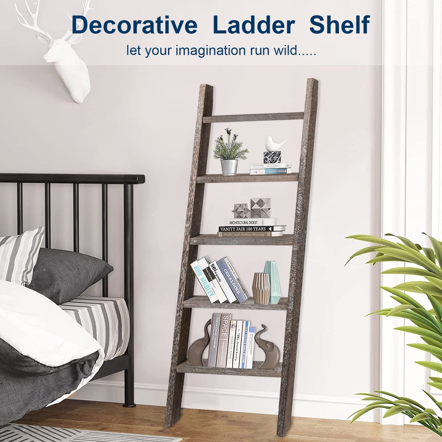 Natsukage Rustic Wooden Blanket Ladder - Farmhouse Decorative Ladder Shelf for Living Room, Bathroom, Bedroom (63" x 22", Rustic Walnut)