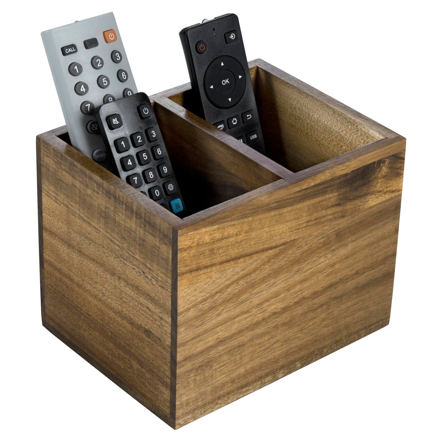 MyGift Wood TV Remote Control Holder with 2 Slots, Rustic Universal Remotes Storage Box, Sofa Table Controller Couch Caddy Holds TV, DVD, Blu-Ray Remote Controls, Premium Acacia