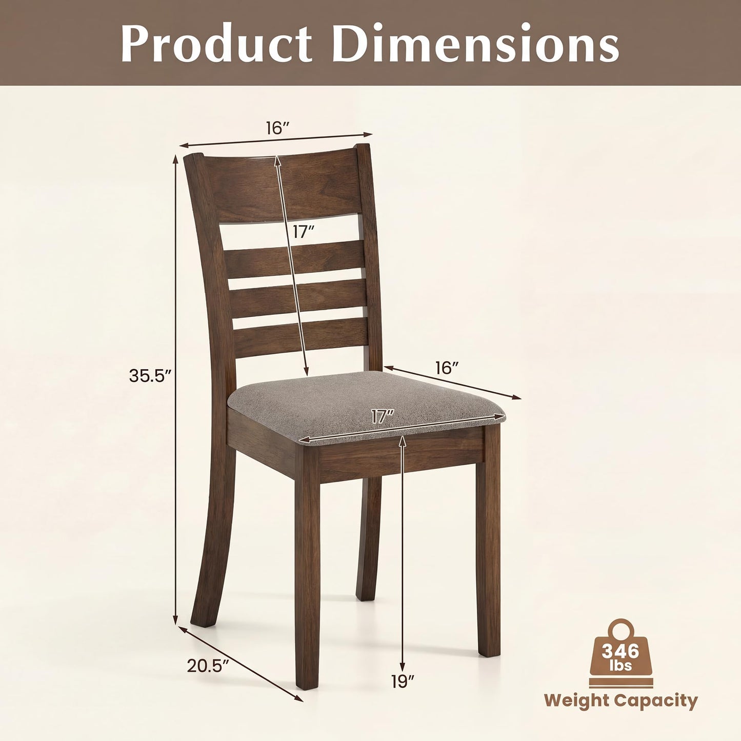 COSTWAY Wooden Dining Chairs Set of 2, Solid Rubberwood Frame Kitchen Side Chairs w/Upholstered Padded Seat & High Slat Back, Mid-Century Modern Dining Chair for Dining Room Kitchen (Light Brown)