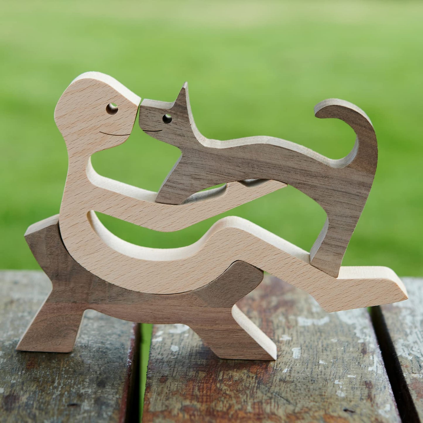 KINGNOW Animal Decor Wooden Statue Man and Cat Figurines Decor Carved Wood Decorative Sculpture