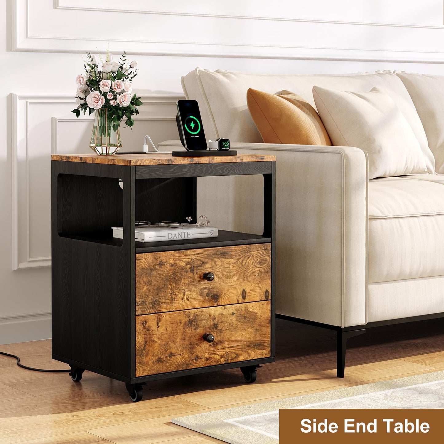 Tbimercftra Bedroom Nightstand with Charging Station, Side Table with 2 Drawers,Sofa End Table Living Room with Wheels for Living Room Bedroom Office(Rustic Brown + Black)