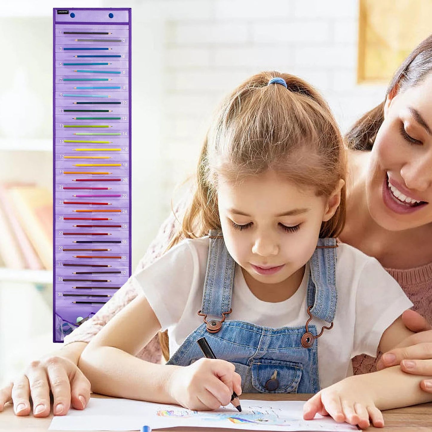ANZORG Hanging Pencil Holder Classroom Pencil Parking Pocket Chart Numbered Pencil Dispenser Organizer as Back to School Essentials (2 Pack-Purple)