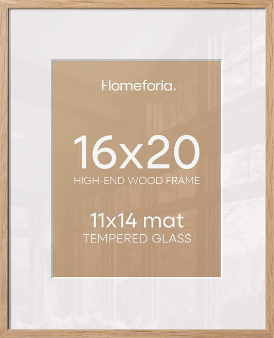 Homeforia 16x20 Wooden Frame, High End Natural Oak 16x20 Light Wood Picture Frame with Mat 11x14, 16 by 20 Poster Frames Matted to 11 x 14 Photo, 20by16 Thin Frames, Tempered Glass, Wall Kit, Set of 1