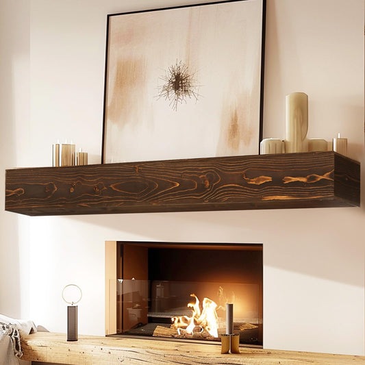 YLYHSST Fireplace Mantel Handmade, 6'' Thick Wall Decor Long Floating Shelf, 72inch Rustic Wood Shelf with Invisible Brackets, Brown