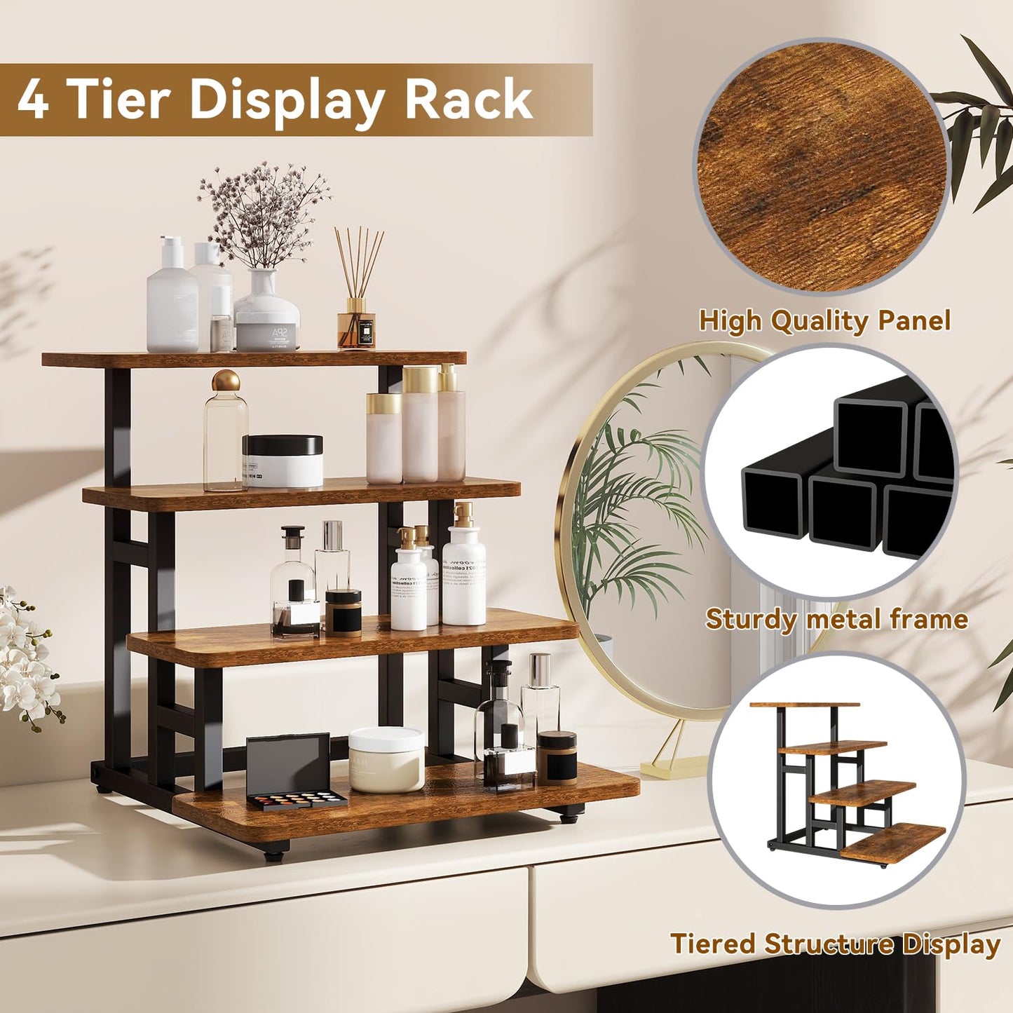 IBUYKE 4 Tier cupcake stand,Wooden Risers Display Stands,Tiered Display Stand for food,Dessert Table Display for Party,Afternoon tea, Family Gatherings,Rustic Brown UTLJ018H