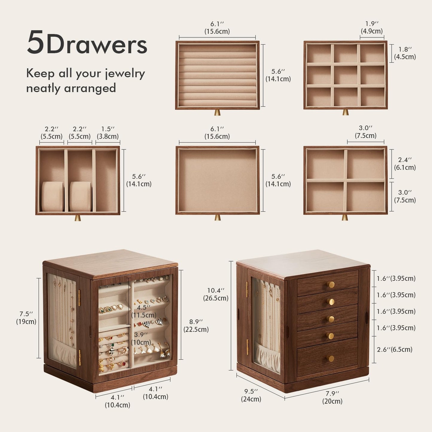 Homruilink Black Walnut Wooden Jewelry Box - 360° Rotating Jewelry Organizer for Women with 5 Drawers for Rings,Necklaces,Earrings and Bracelets -Large Storage Case - Fathers Day Gift
