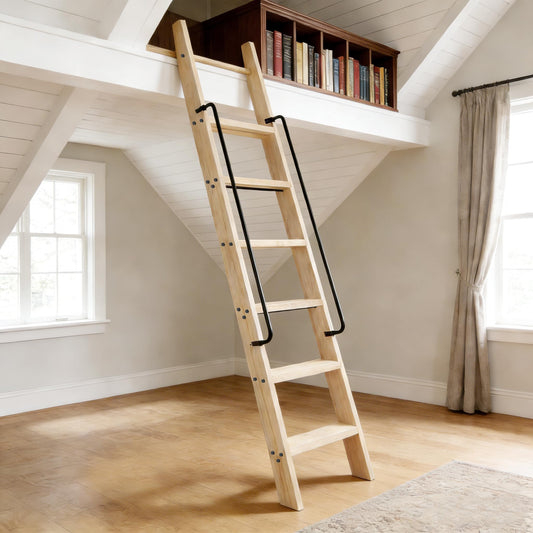 104RDHOUSE 87in Attic Rolling Library Ladder, 7 Step Wooden Ladder with,Ladder Bookshelf,Wall Stairs Red Oak Stair Platform Bunkbed Ladder,for Home Kitchen,Warehouses,Bookstore,DIY Stain