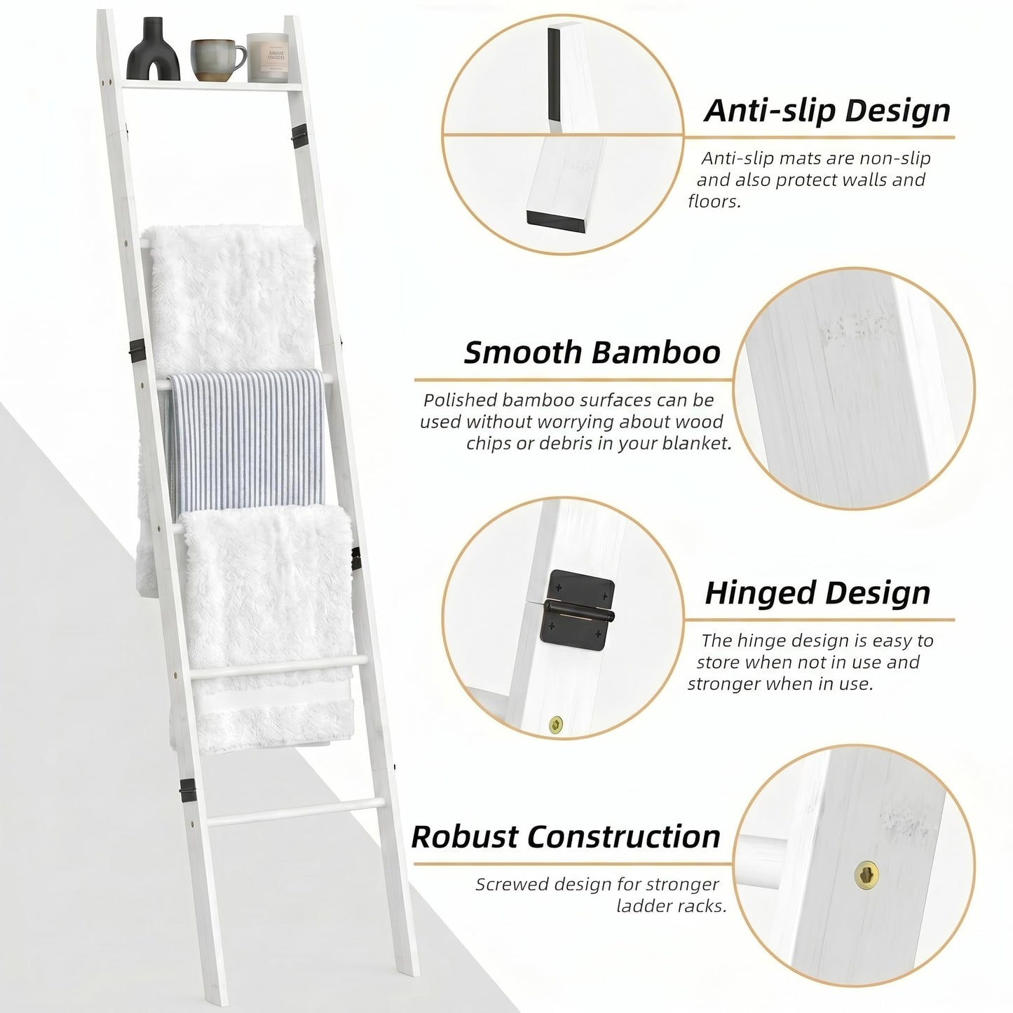 Plusinthebox 6 Tier Blanket Ladder with Shelf, Wooden Blanket Rack for Living Room, Leaning Towel Ladder Rack for Bedroom, Bathroom, Quilts, Throws, Towels and Farmhouse Décor White