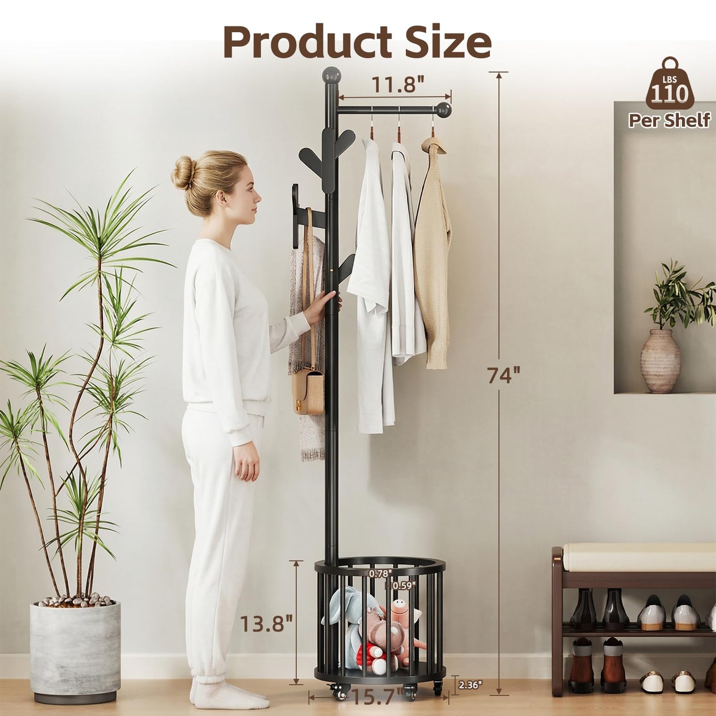 Uniclinens Freestanding Wooden Coat Rack with Umbrella Holder，Black Coat Rack with Hooks, Space-Saving Entryway Organizer for Hanging Clothes and Storing Towels, Bedroom, Living Room