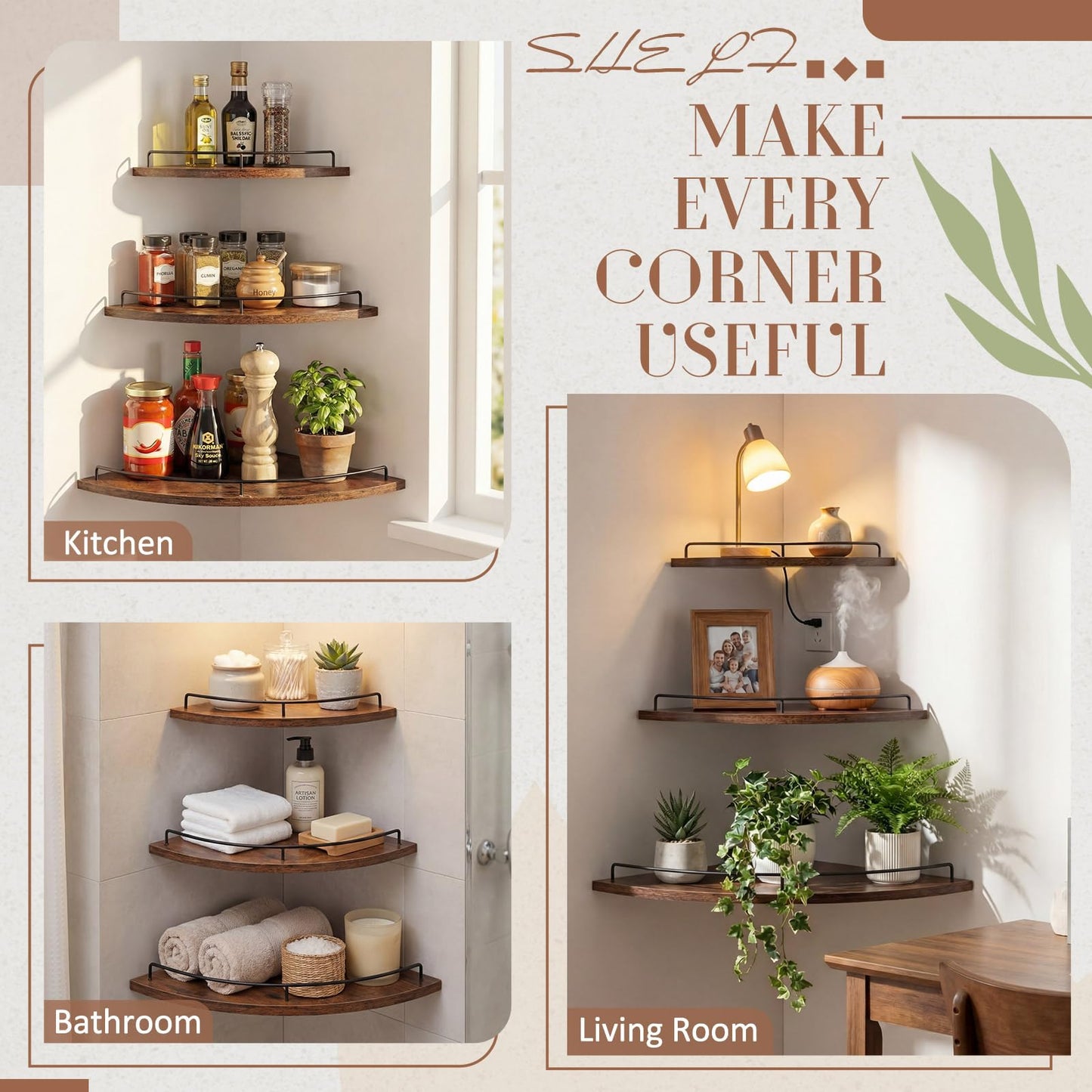 Novabright Corner Floating Shelf Set of 3 Rustic Brown Wood 9/10/12 in Corner Shelves Wall Mounted with Guardrail & Cord Hole Hanging Storage Display Shelves for Bedroom Kitchen Living Room Bathroom