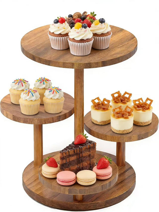 Voittozege 4 Tier Round Wood Cupcake Stand, Large Capacity Dessert Table Display Tower with Flower Shape, Rustic Farmhouse Tiered Tray Decor for Wedding and Birthday, Holds 50 Cupcakes