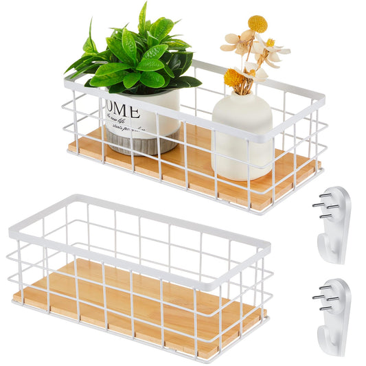 Funrous 2 Pcs Metal Small Wire Basket Wall Hanging Wire Basket Hang Small Bathroom Kitchen Storage Organizer Toilet Paper Mesh Storage Bin Shelf Rack with Base(White,11.42 x 5.12 x 3.94 Inches)