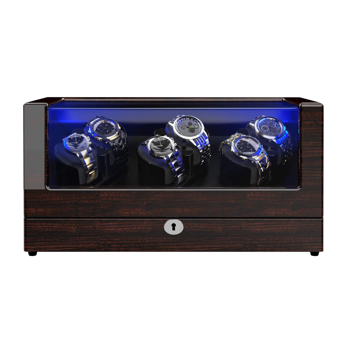 Watch Winder, for Rolex Automatic Watches with Soft and Flexible Watch Pillows, Wooden Shell, Powered by Japanese Motor, Built-in Blue LED Illuminated(Triple Tree) (Pine Bark Pattern)