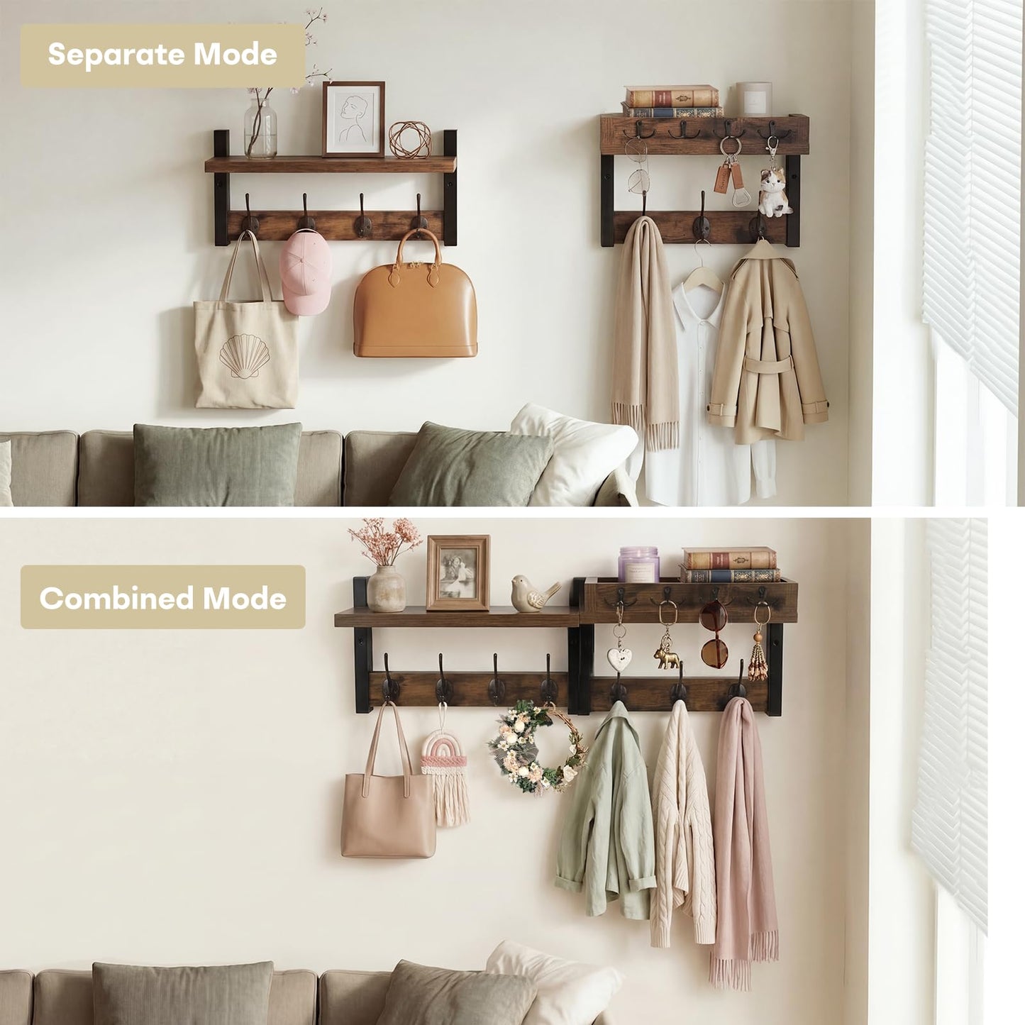LIONUNCLE Coat Rack Wall Mount with Shelf & Mail Organizer,29 Inch Wall Shelf with 7 Coat Hooks and 4 Key Hooks for Entryway,Living Room,Bedroom,Offices(Rustic Brown)