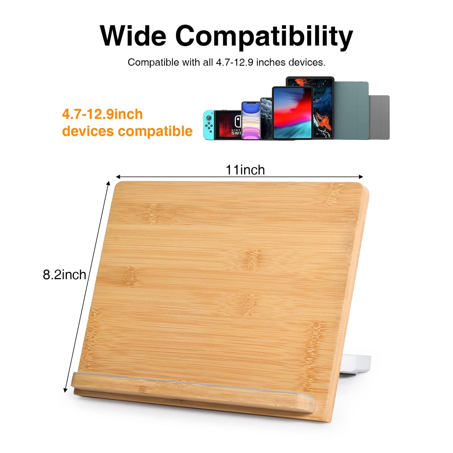 wishacc Bamboo Tablet Stand for Desk, 11"x8.2" Large Wooden Tablet Holder with Adjustable Angles, Thick Case Friendly Wood Stand for iPad Pro 12.9, Samsung, E-Readers, Kitchen & Drawing