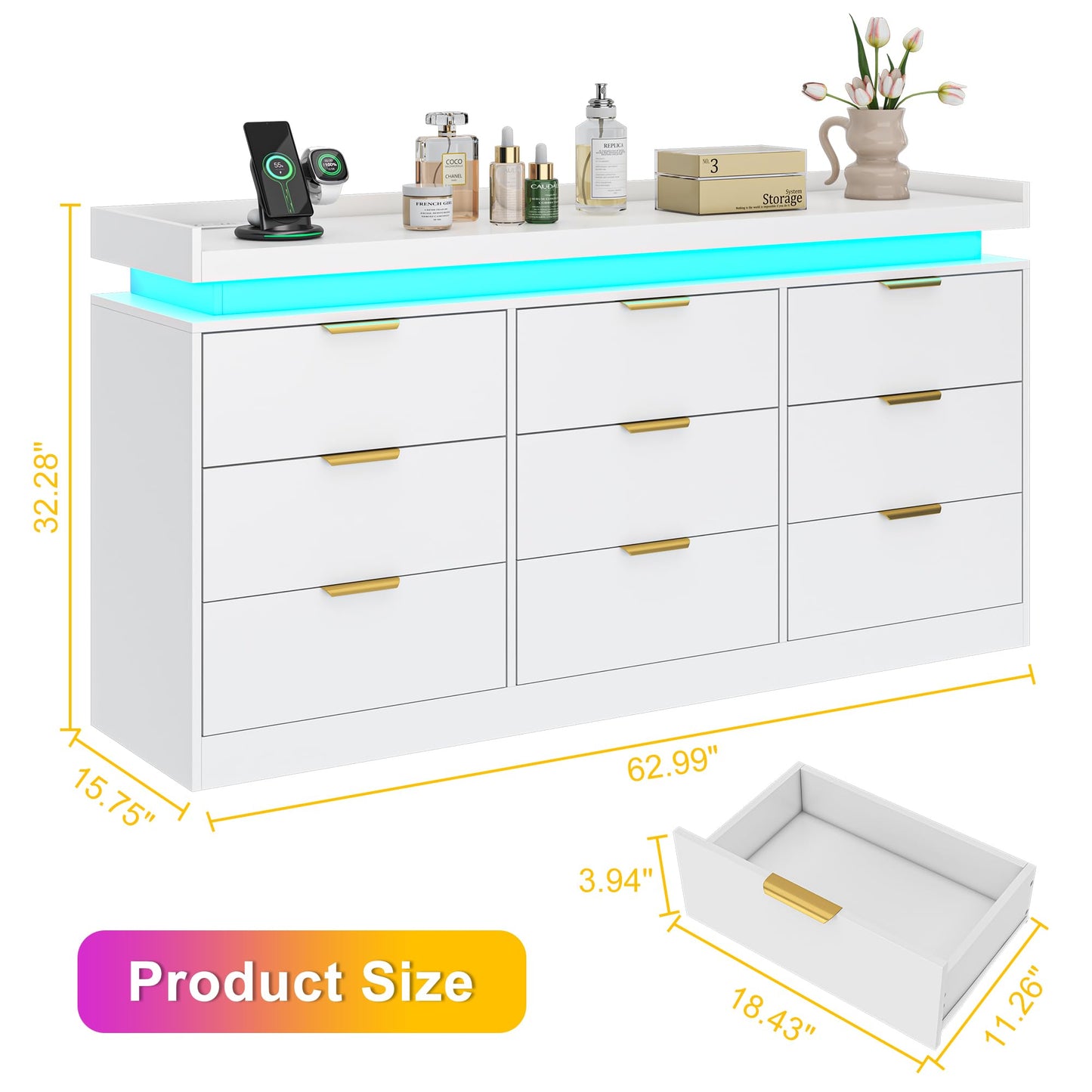 9 Drawer Dresser for Bedroom, White Dresser with LED Lights and Charging Station, Modern Chest of Drawer, Wood Triple Wide Drawer Organizer Cabinet for Bedroom, Living Room, Entryway, Hallway