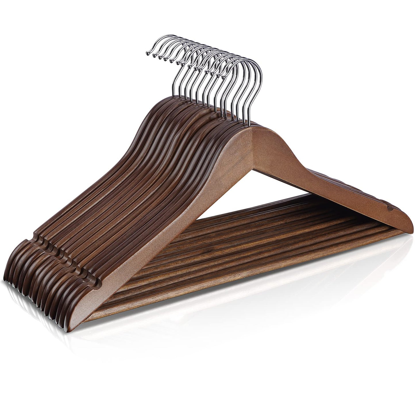 Uinicor Wooden Hangers 10 Pack,Heavy Duty Wood Coat Hangers,with 360-degree Hook，Smooth Finish Wooden Clothes Hangers with Non Slip Pants Bar, Sturdy Clothes Hangers for Shirts,Suit（Walnut）