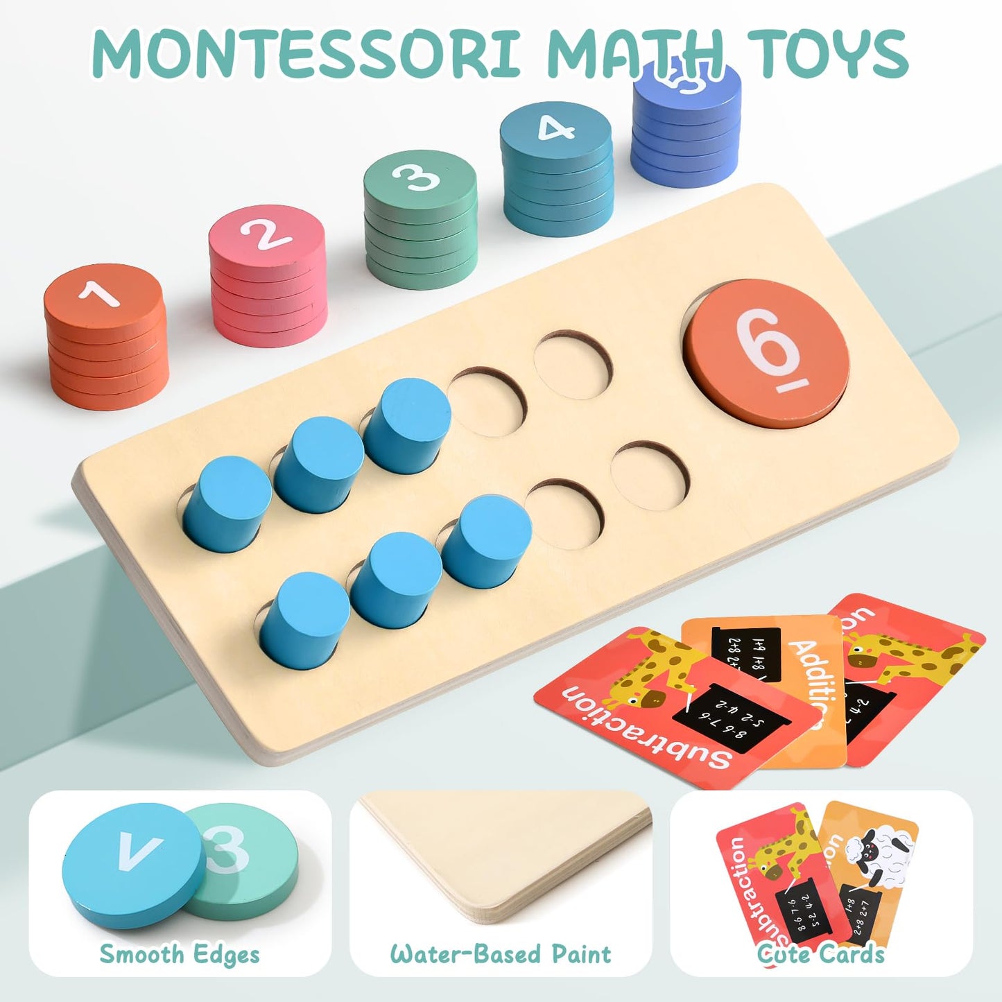 Lewo Wooden Montessori Math Manipulatives Preschool Toys, 1 to 20 Addition and Subtraction Games with Ten Frame/Number Flashcard, Educational Learning Counting Peg Board for Toddlers 3 4 5 Year Old