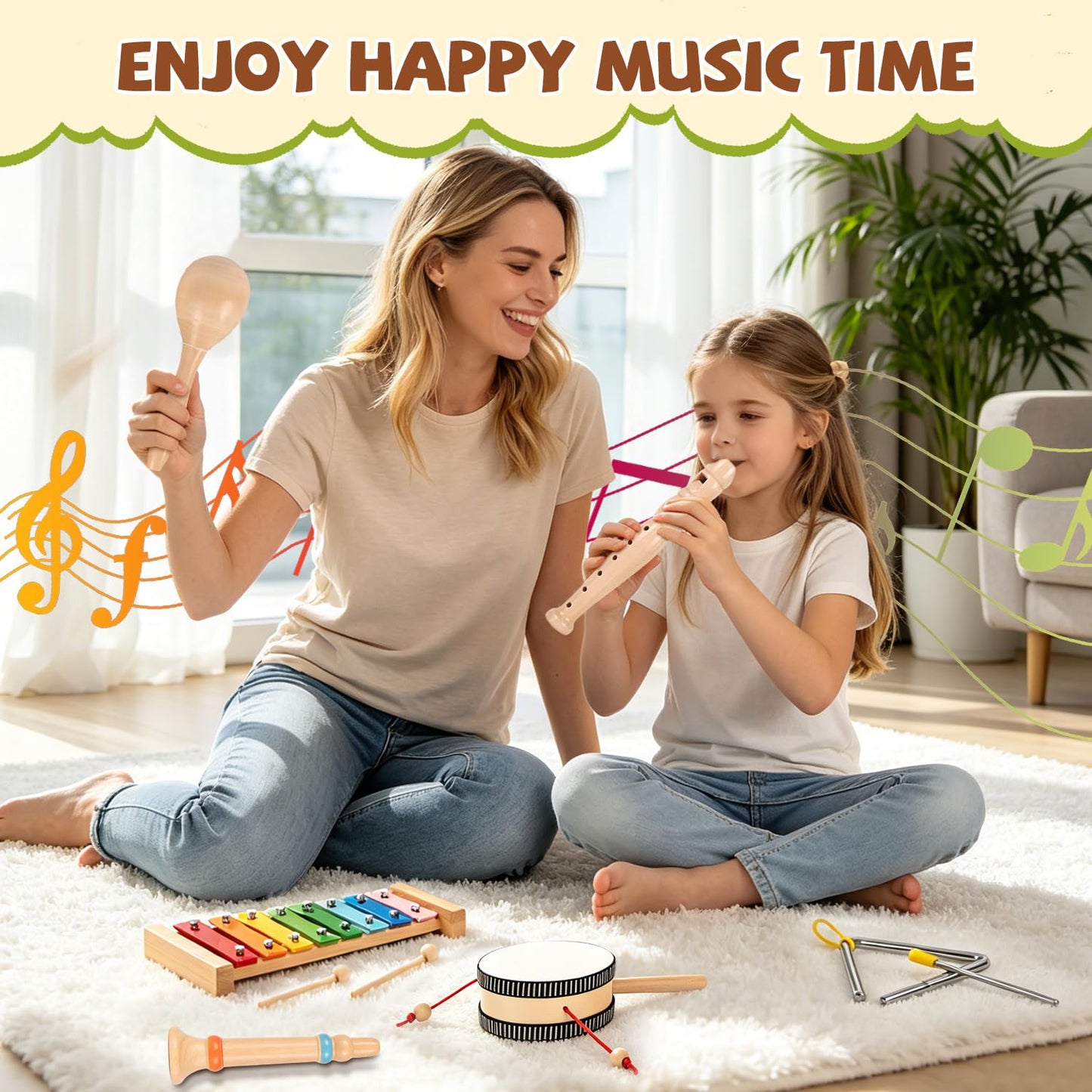 Baby Musical Instruments Montessori Wooden Musical Toys, Toddler Percussion Instruments Xylophone Maracas Hand Drum for Toddlers