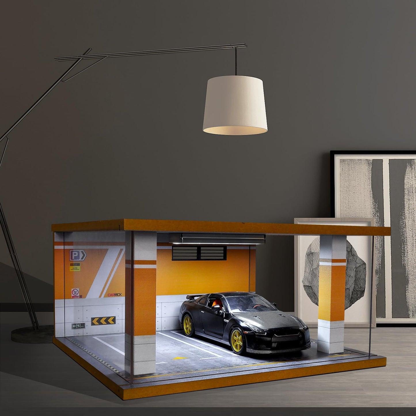 cxiiuui Display Case Car Acrylic Cover 1/24 Scale Parking Garage Wooden Diecast Car Show Case 2 Parking Spaces Yellow and White