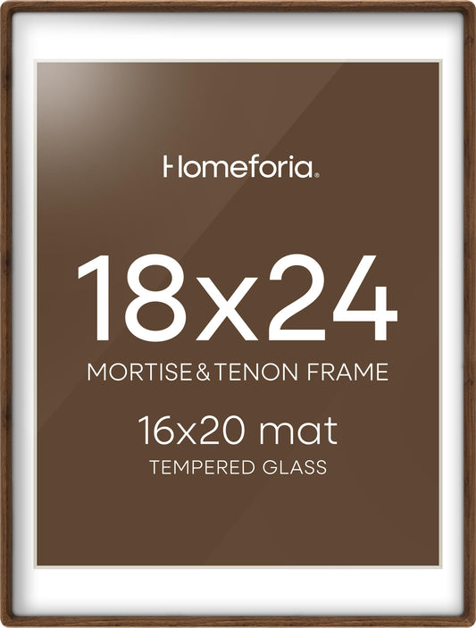 Homeforia 18x24 Frames Brown Wood, Mortise & Tenon Walnut 18 x 24 Picture Frame with Mat 16 x 20 for Wall, 24x18 Dark Wooden Poster Frame Matted to 16x20 inch Photo, Tempered Glass, Wall Kit, Set of 1