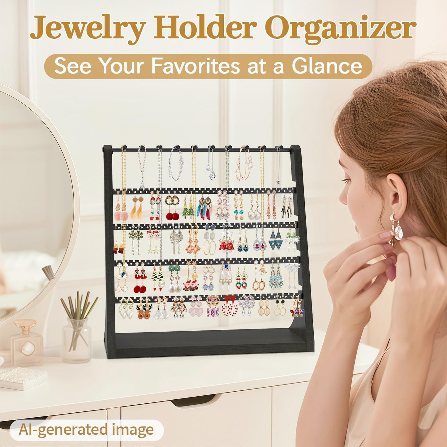 MODOWEY Earring Holder Organizer and Necklace Display Stand, Countertop Wooden Tree Rack for Stud Pierced Dangle Bracelet Storage, 5 Tier 20 Hooks Large Capacity Metal Jewelry Hanger for Women, Black