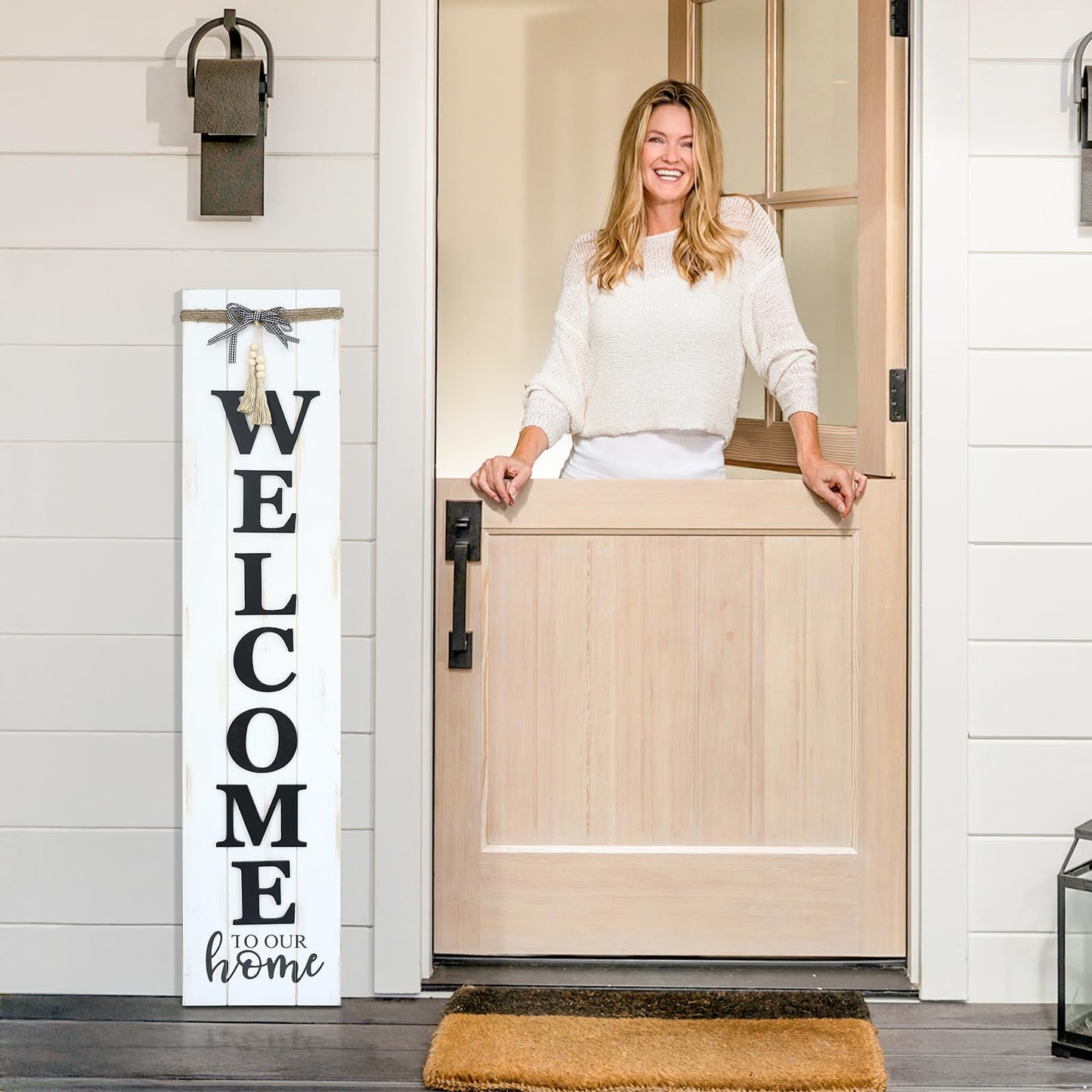 MODE HOME Large Vertical Welcome Sign for Front Door Porch, 47x10 Inch Solid Wood Farmhouse Porch Decor, 3D Raised Letters Rustic Welcome to Our Home Sign with Beads & Bow, No Assembly Required, Whitewashed