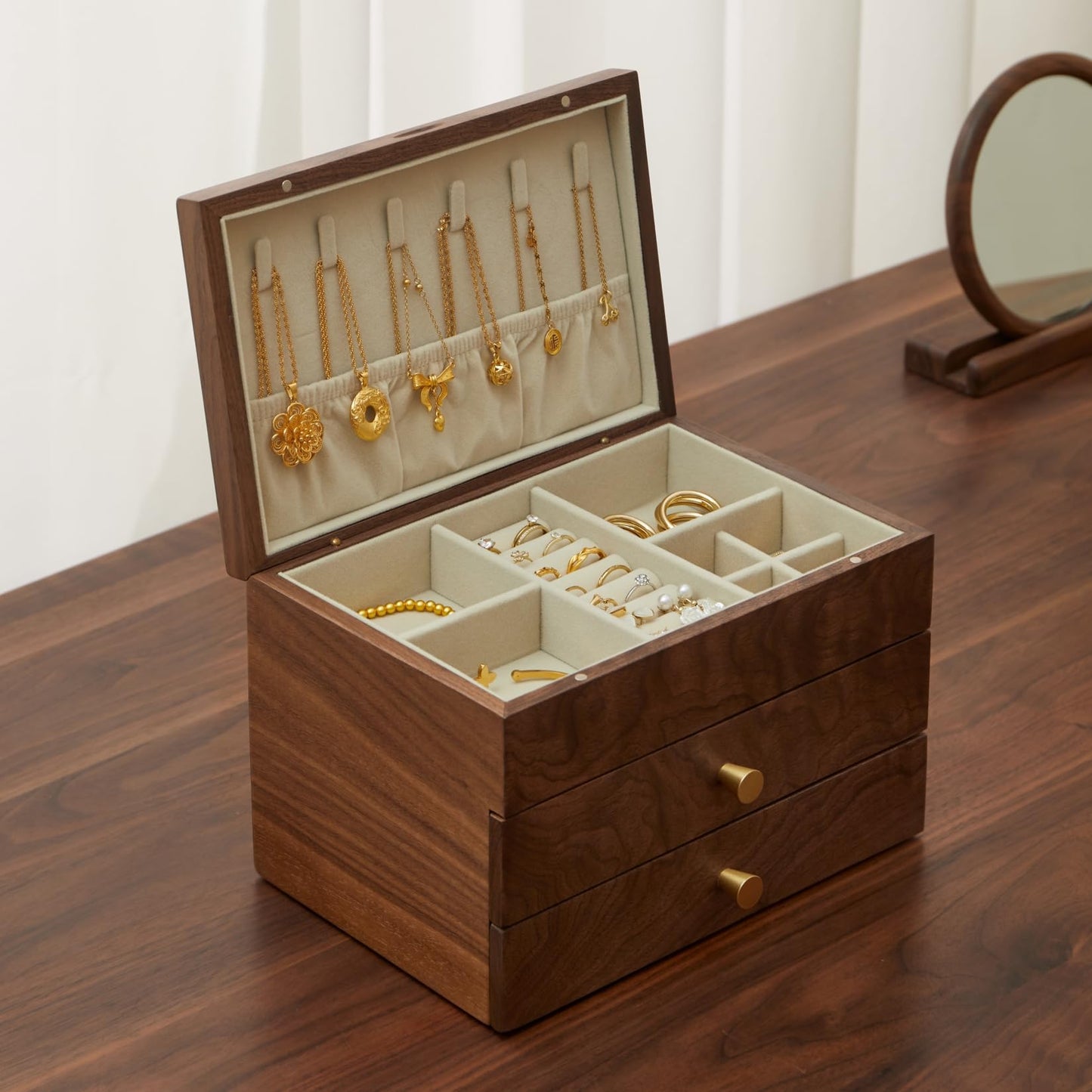 THFLSTR Jewelry Box Organizer for Women & Men, Black Walnut 3 Layer Wooden Jewelry Box with Velvet Lining, Earring & Ring Organizer, Large Capacity Drawer Design for Necklaces, Bracelets (3 layers)