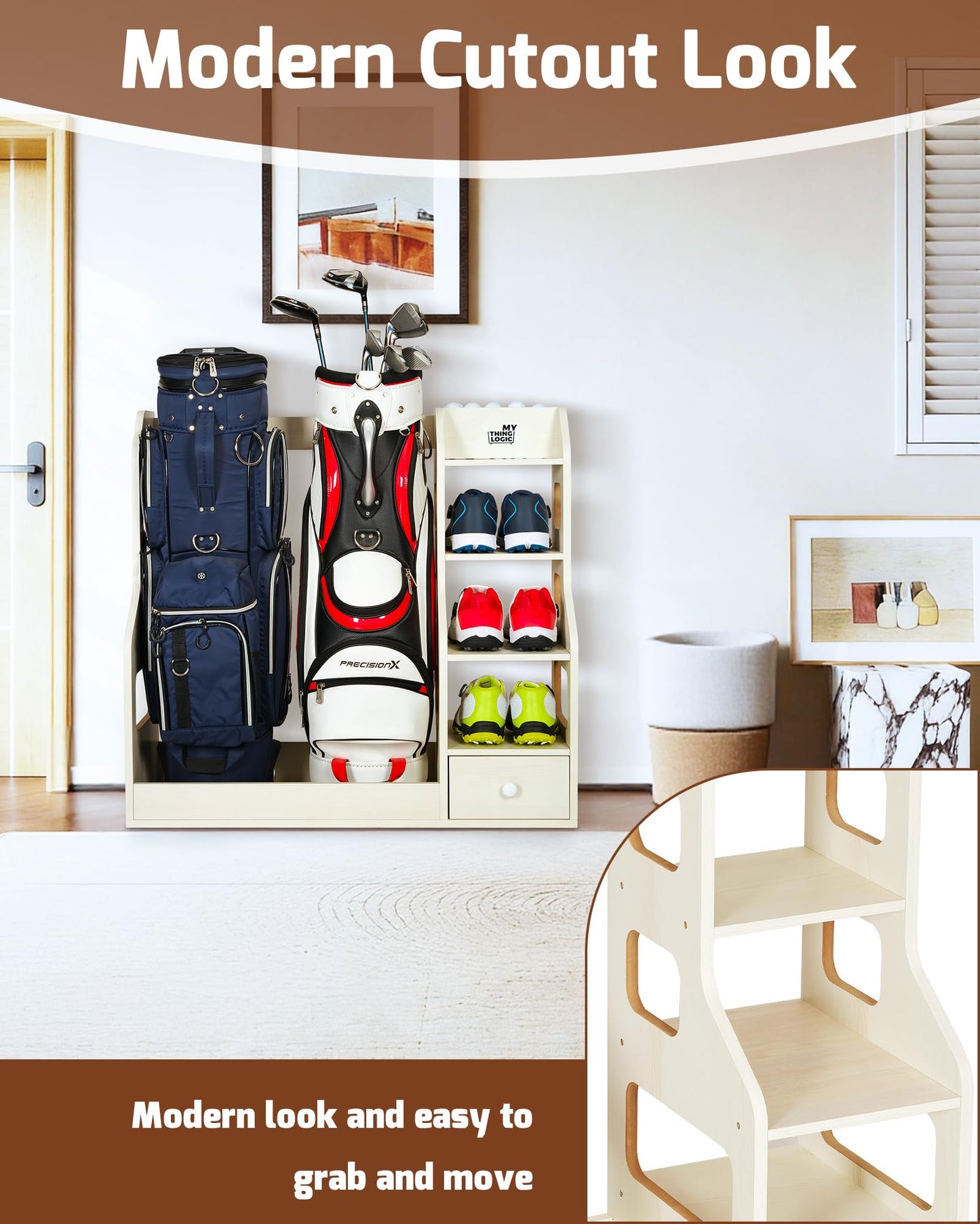 Mythinglogic Double Golf Bag Storage Rack for 2 Bags, Wooden Golf Organizer with Shoe Shelves, Ball Holder & Drawer, MDF Golf Equipment Storage Cabinet for Home, Garage or Simulator Room