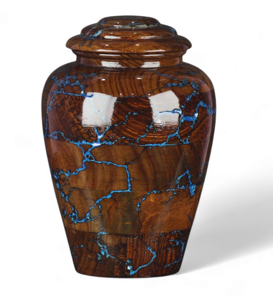 Rosewood Cremation Urns for Human Ashes Adult Male Female, Wooden Urns for Pets Ashes (Large - 200 lbs, Blue Resin)