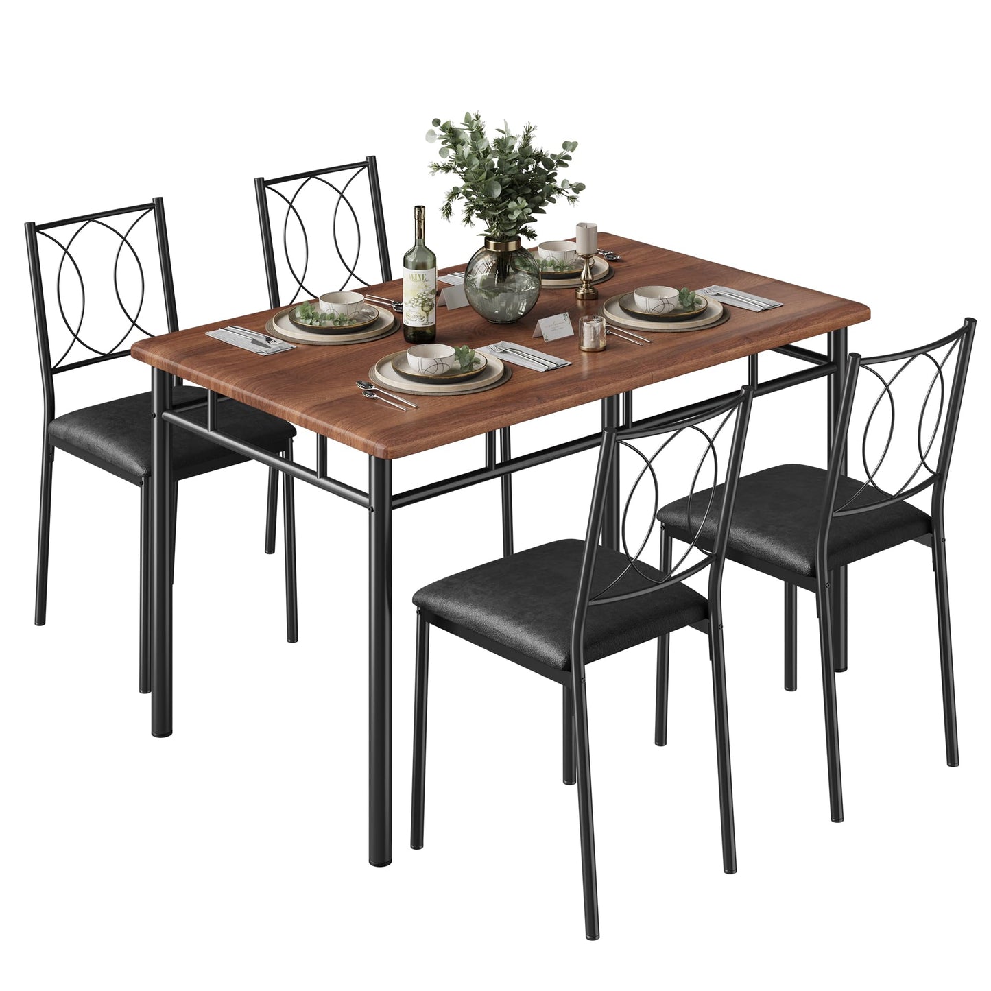 IDEALHOUSE Space-Saving 5-Piece Dining Table Set for 4 – Farmhouse Wooden Table with Upholstered Chairs – Compact Dining Furniture for Small Spaces, Easy to Clean – Walnut Color