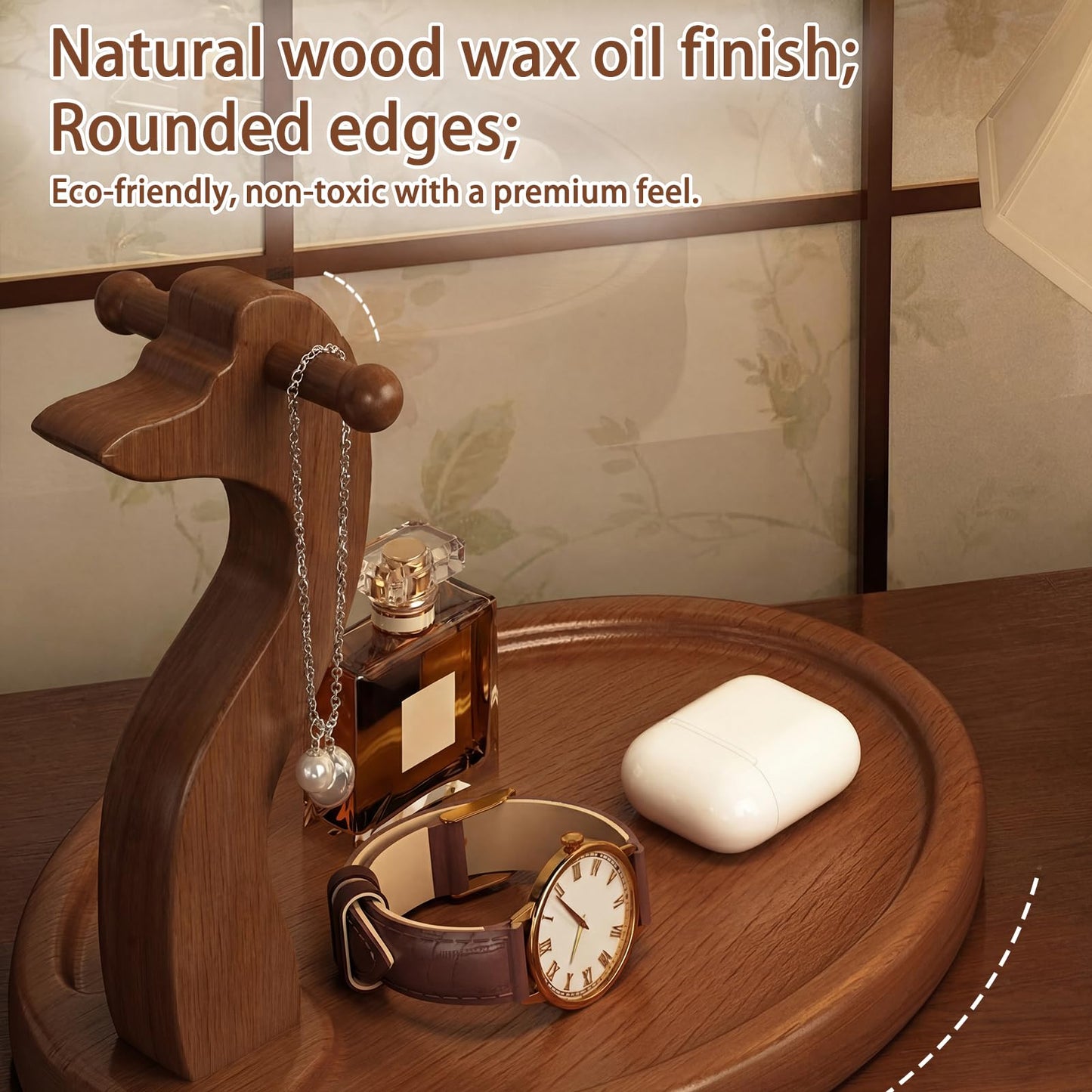 HonorHut Solid Wood Key Stand Entryway Key Holder with 2 Hooks Decorative Jewelry Wooden Dish Keys Bowl for Hallway Living Room Bedroom Swan, Circle