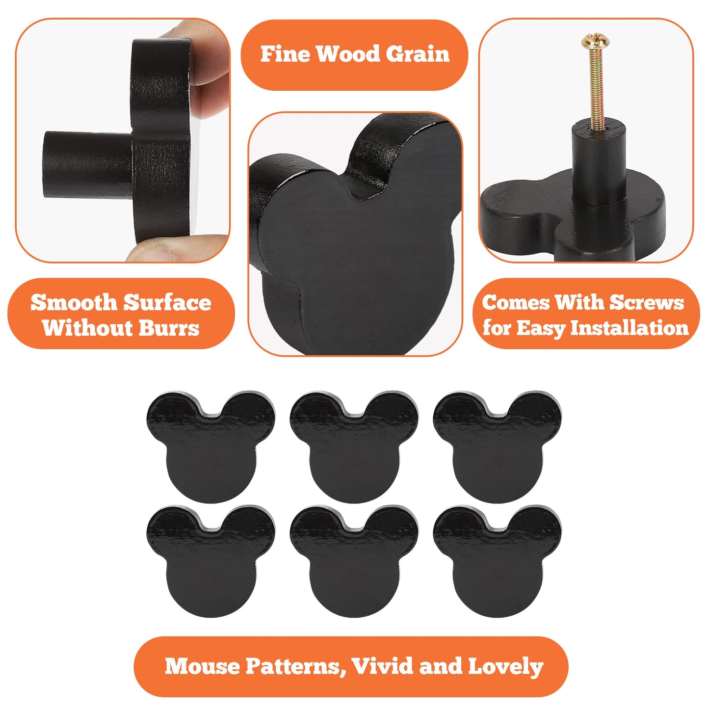 Waifairphy Wooden Mouse Cabinet Knobs with 2 Different Size Screws for Dresser Drawers,Wood Dresser Knobs for Kids Bedroom and Bathroom Decor,Kids Drawer pulls 6 Pack,Nursery Dresser knobs for Kids