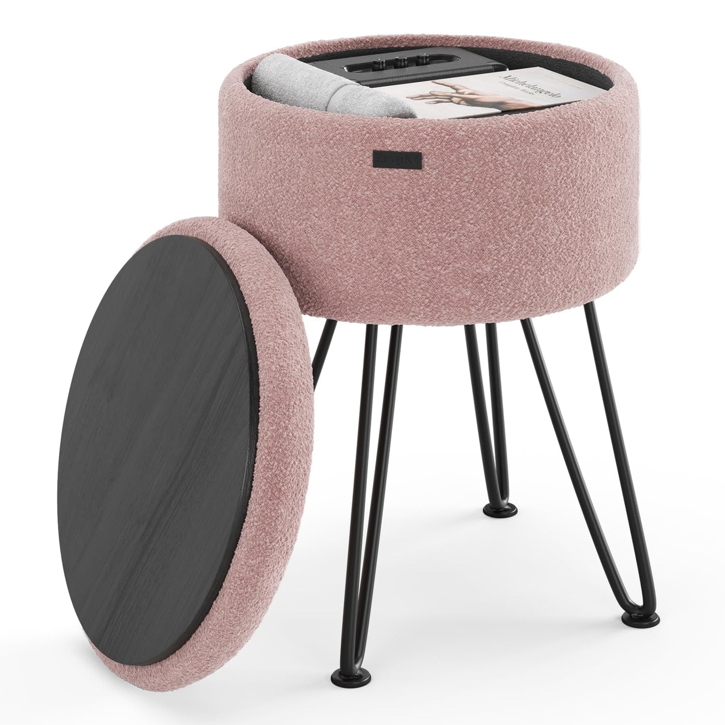 STORAGEBUD Round Ottoman with Storage, Boucle Storage Ottoman, Foot Stool Ottomans, Makeup Vanity Stool, Small Ottomans Foot Rest, Modern Vanity Stools for Living Room and Bedroom, Pink