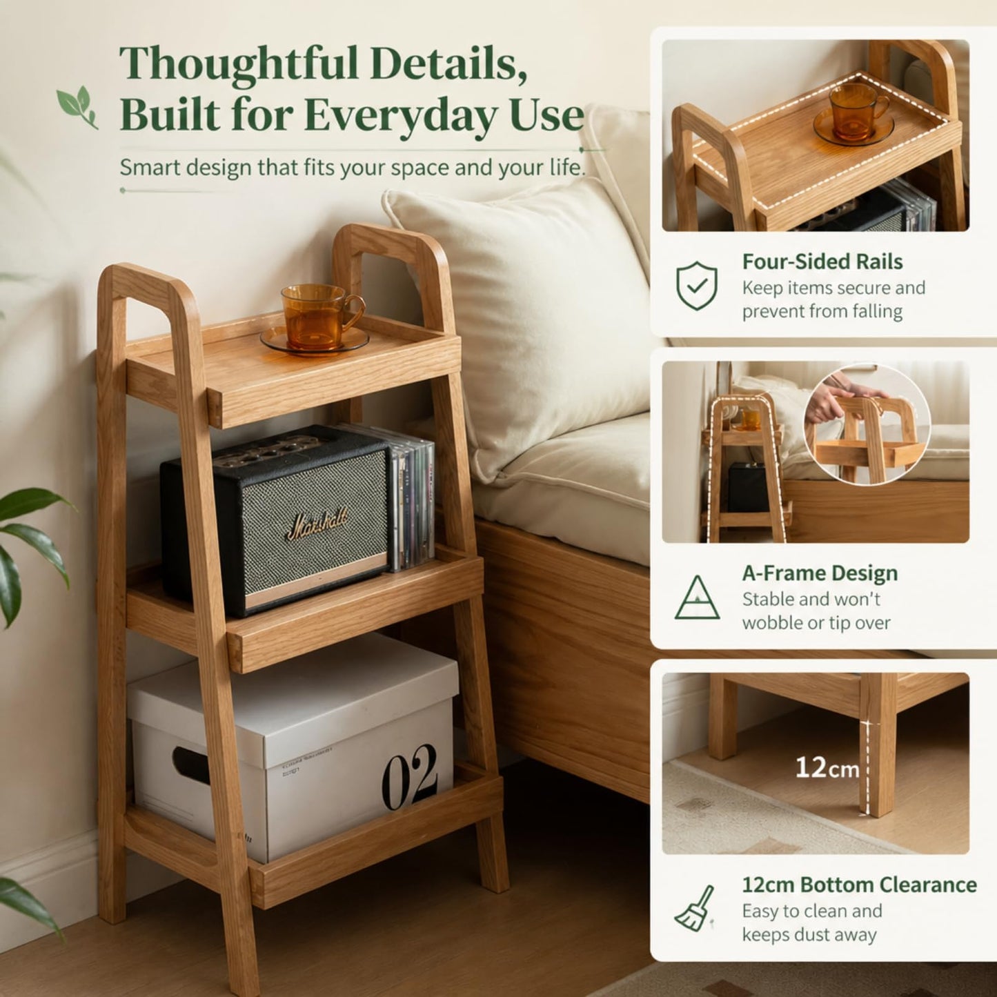 Vadisun 100% Solid Oak 3 Tier Ladder Shelf, Small Bookshelf, Ladder Bookshelf, Bookcase with Stable Frame, Small Table for Living Room Bedroom(Natural, 12.6" L x 17.72" W x 31.5" H)