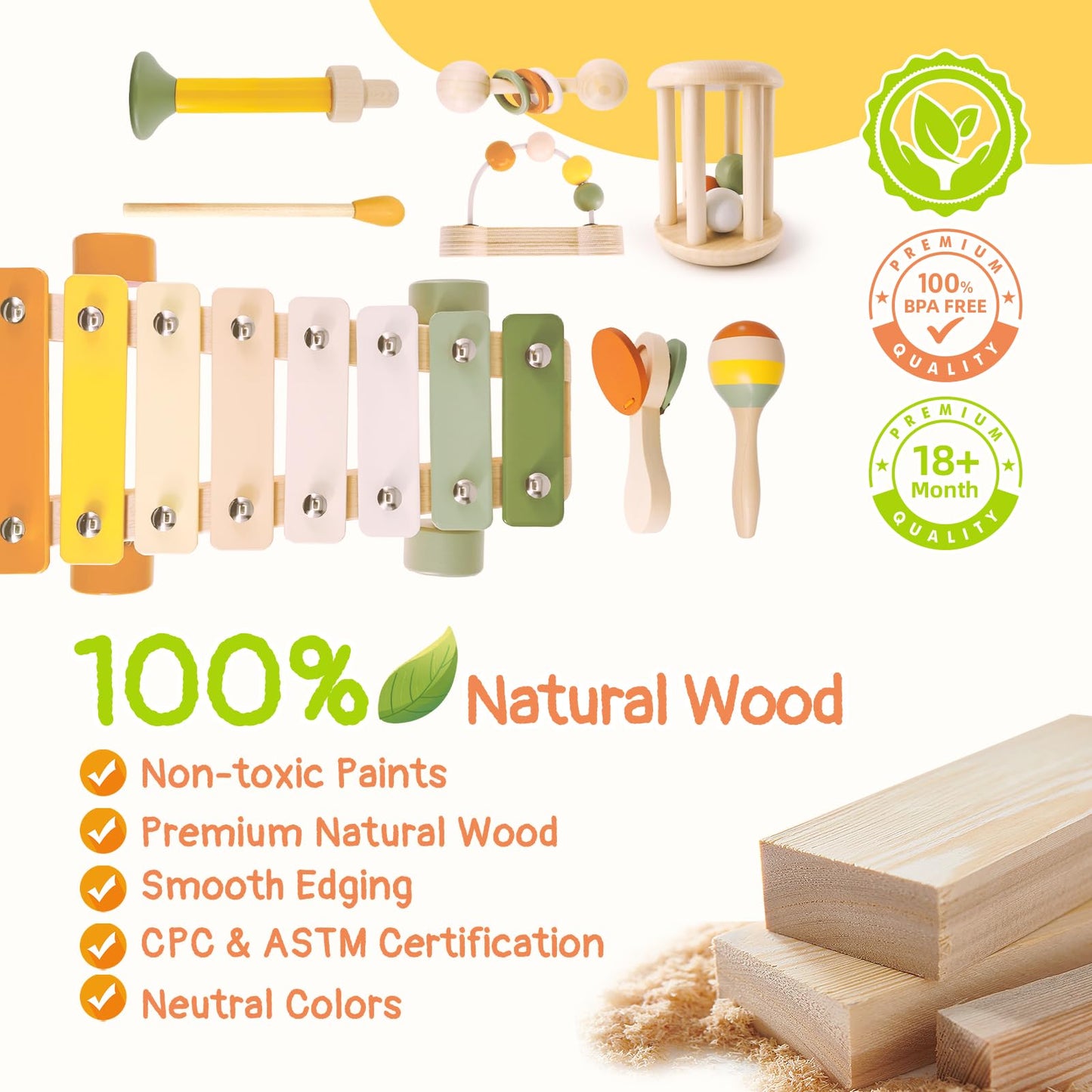 Pajojoqa 7pcs Musical Instruments Set 18M+ Montessori Toys 2 3 4 Neutral Colors Wooden Toys for Toddlers 3-5 Percussion Instruments Modern Boho Xylophone Sensory Gifts Boys Girls