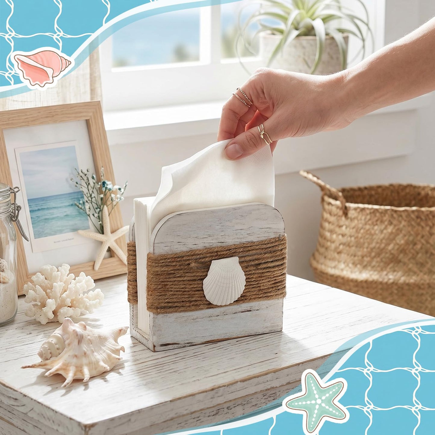 Ferrochef 2 Pack Coastal Natural Napkin Holder for Table, Beach Theme White Wooden Napkin Holders Tissue Dispenser for Table Kitchen Dining Coastal Room Home Decor