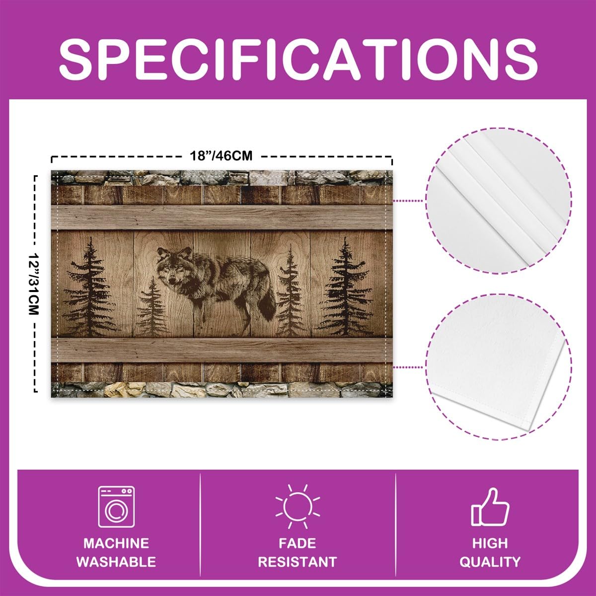 Erosebridal Black Wolf Set of 4 Place Mats 12x18 Inch,3D Wildlife Wolf Table Mats for Kids Boys Girls,Brown Vintage Wooden Placemats,Jungle Safari Animal Waterproof Placemats for Kitchen
