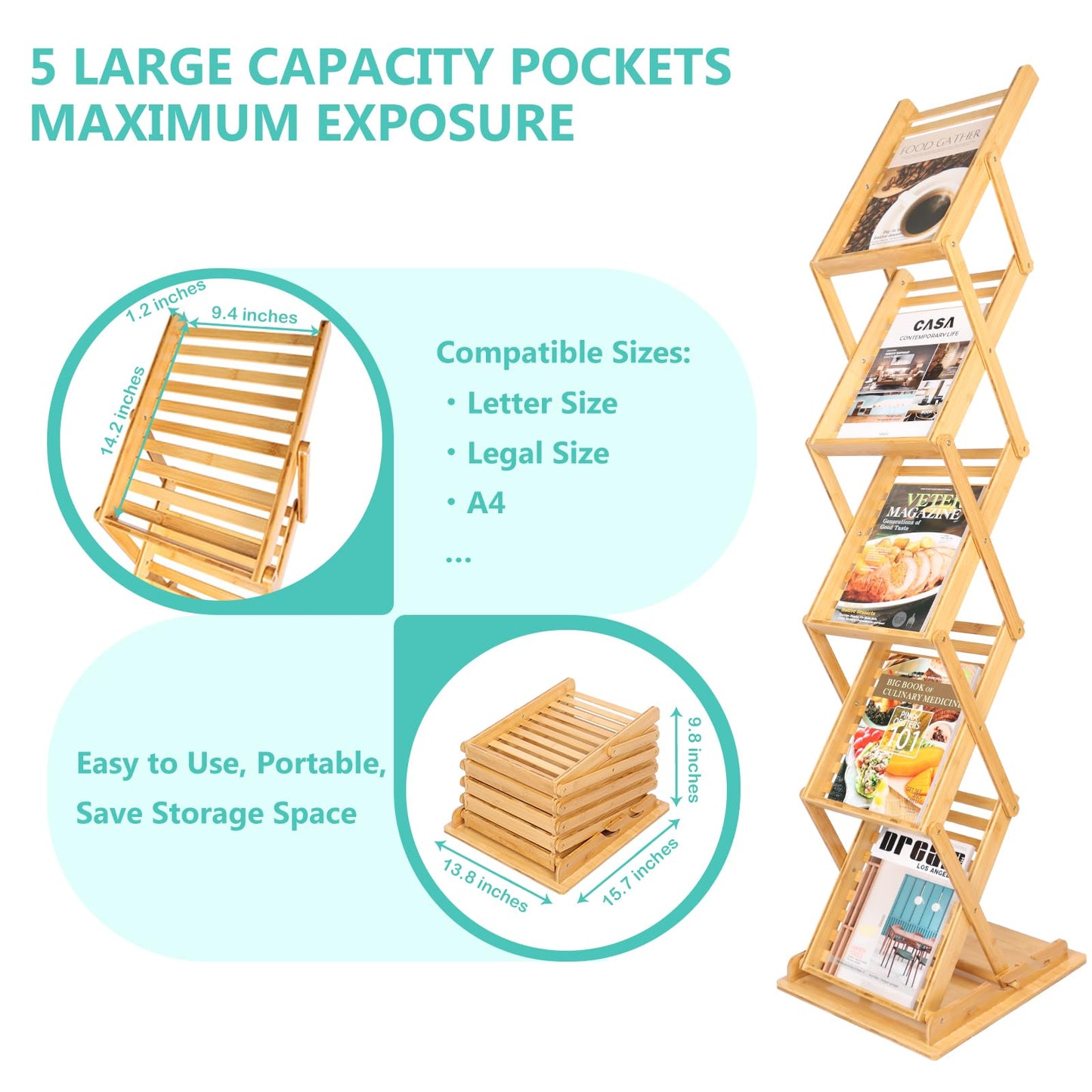 Choowin Foldable Magazine Rack Floor Stand Brochure Display Stand Literature Display Rack Holder Bamboo Wood Magazine Rack for Home Office Retail Display Exhibitions Trade Show Portable 5 Pockets