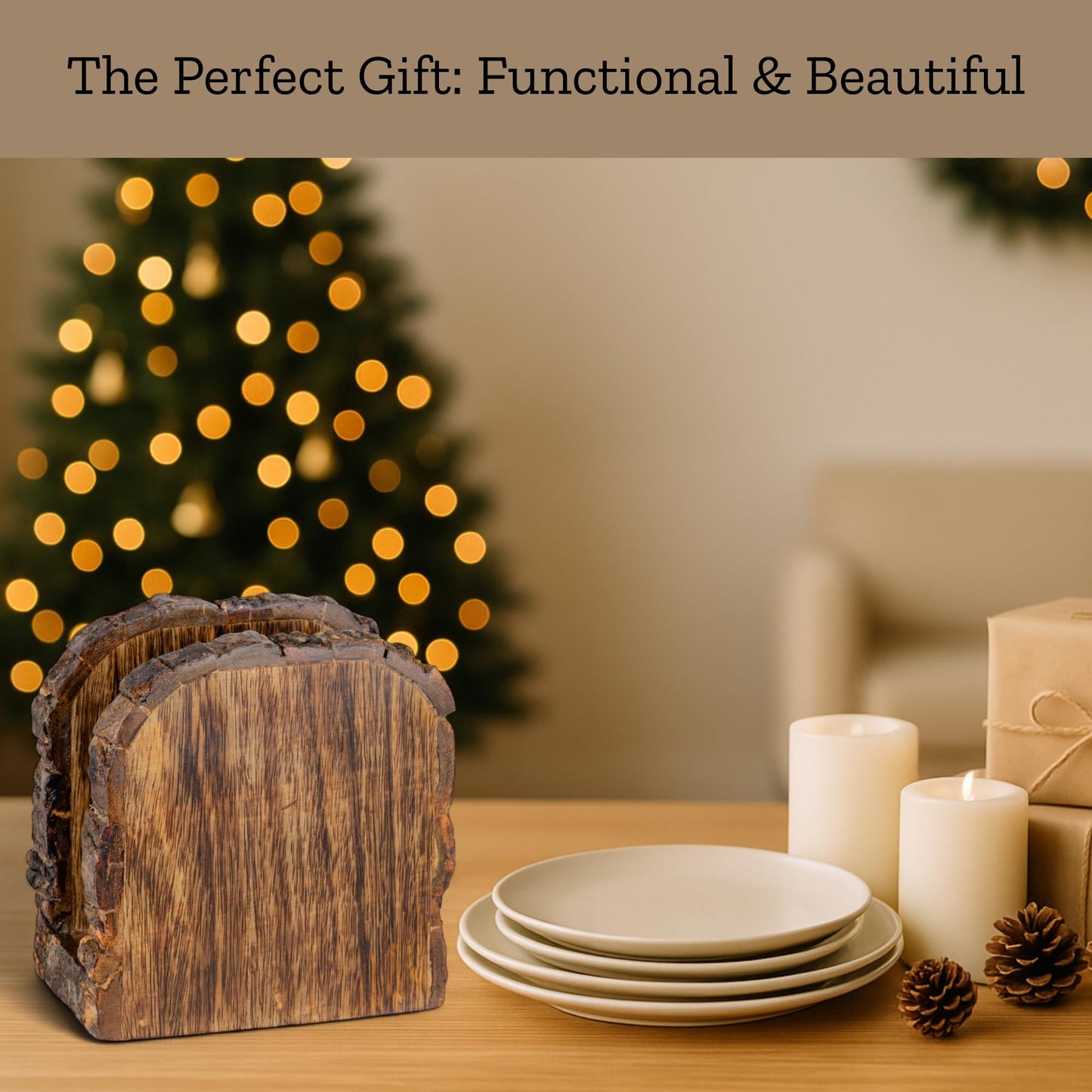 Mie Creations Farmhouse Wood Napkin Holder for Table, Thanksgiving, Christmas Holidays Décor | Antique Wooden Heavy, Rustic, Upright Paper Tissue Dispenser Tabletop Kitchen, Restaurant, Bar, Cocktail