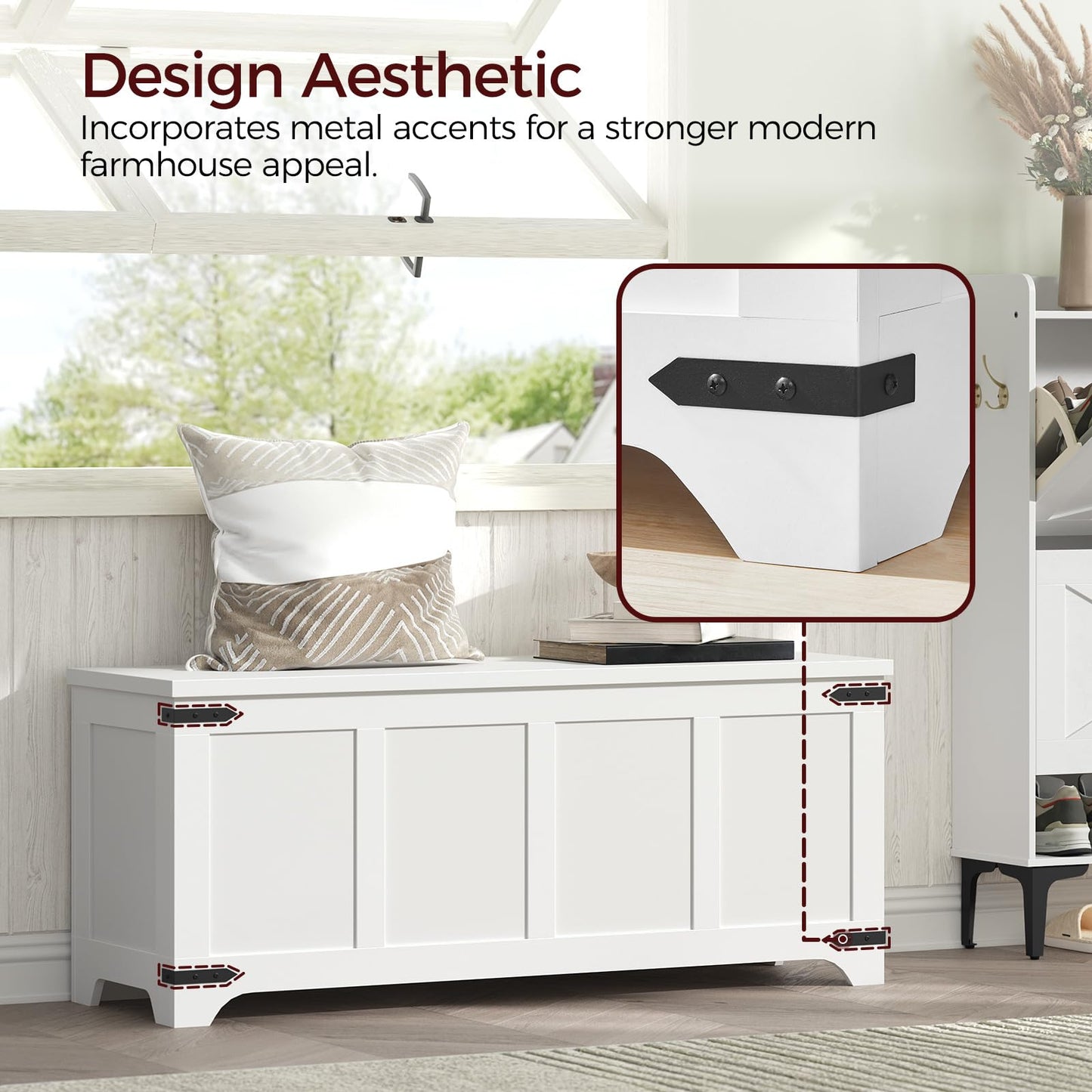 MAHANCRIS 47.2" Storage Chest, Wooden Storage Bench with 2 Safety Hinges, Entryway Shoe Bench with Flip-Top, Storage Trunk for Living Room, Bedroom, Entryway, White SCBW4901