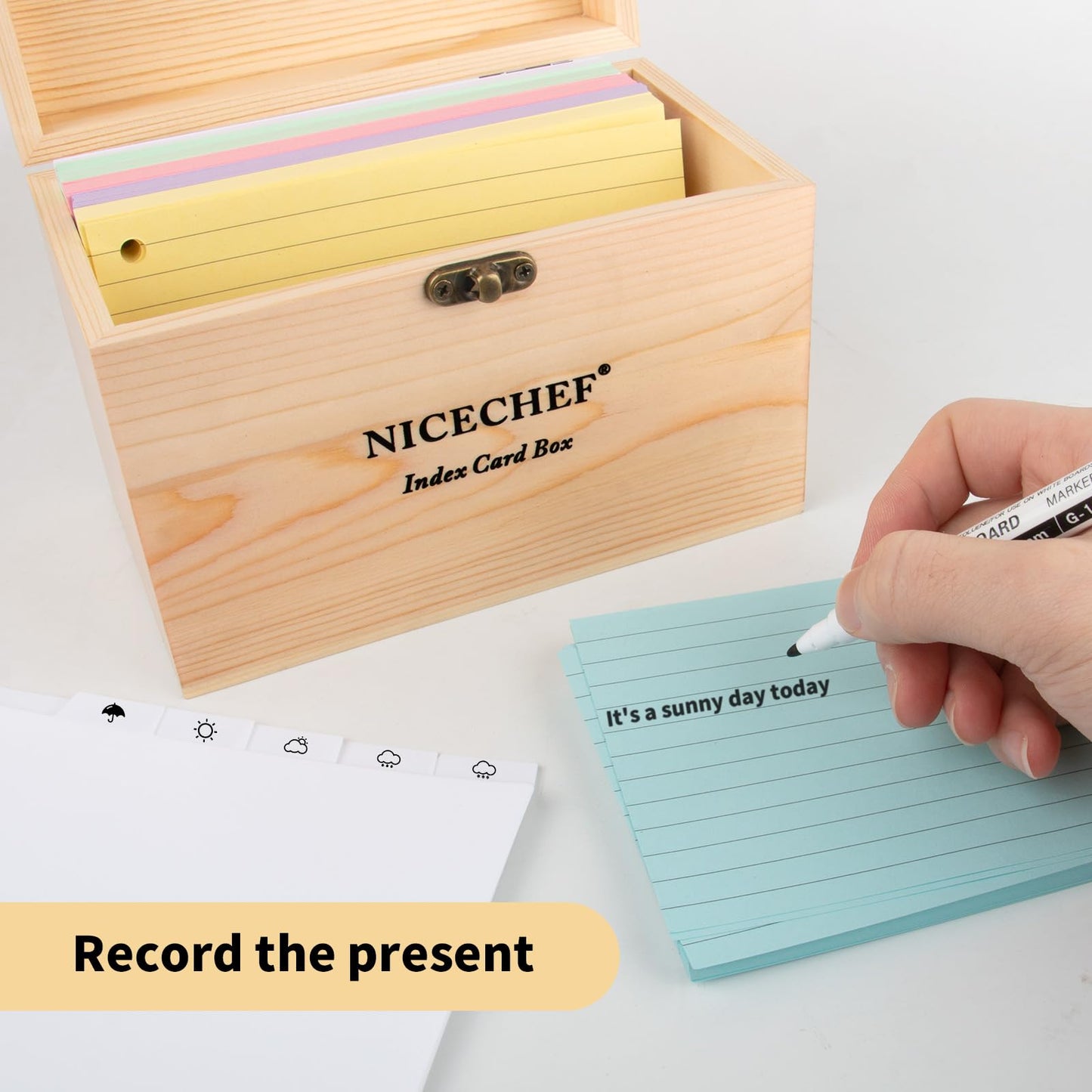 NICECHEF Index Card Holder 4x6, Wooden Recipe Box with 300 PCS Flash Cards Card Organizer,12 White Dividers, 6 Metal Rings, 2 Sticker, for Office, Business, Flashcard Notecard Holders for Home Office